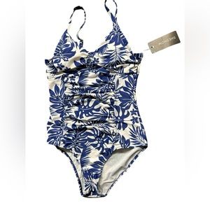 SHESHOW womens blue & white modest one piece swimsuit NWT